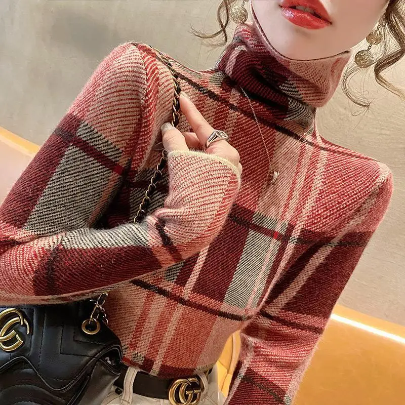 Women Clothing Fashion All-match Plaid Slim Sweaters Autumn Winter New Casual Chic Long Sleeve Turtleneck Knitwear Pullovers