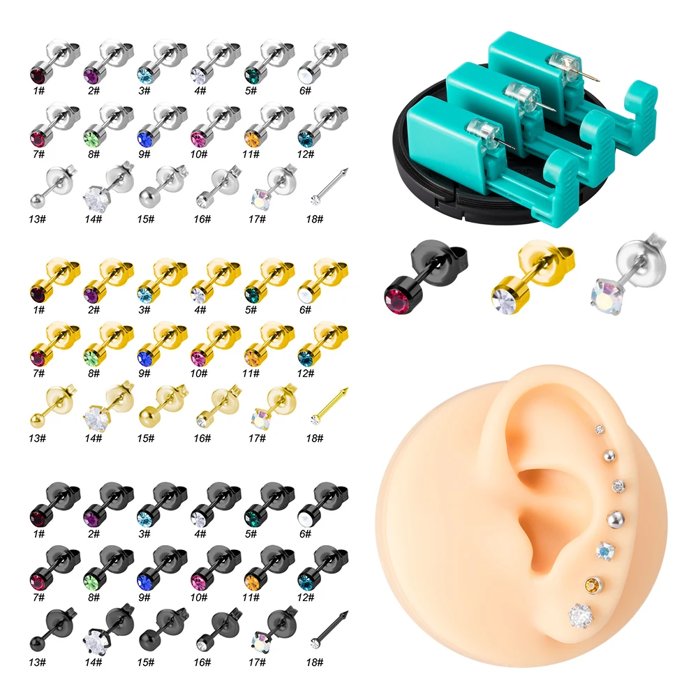 Wholesale 18Pcs Ear Piercing Gun Kit with CZ Stone Stud Earring Cartilage Tragus Helix Piercing Tool Disposable Sterile Piercer