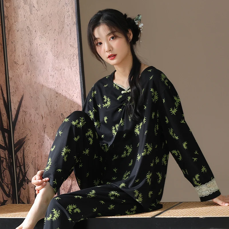 

Осенний хлопковый женский пижамный комплект, женская одежда для сна с цветочным принтом, повседневные мягкие женские пижамы с длинными рукавами