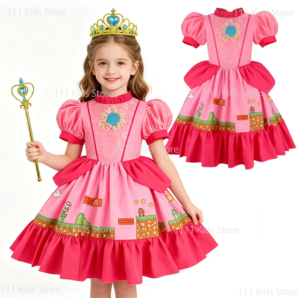 Movie Princess Peach Cosplay Costume with Accessory Carnival Perform Outfit Children Birthday Gift Girls Summer Party Dresses