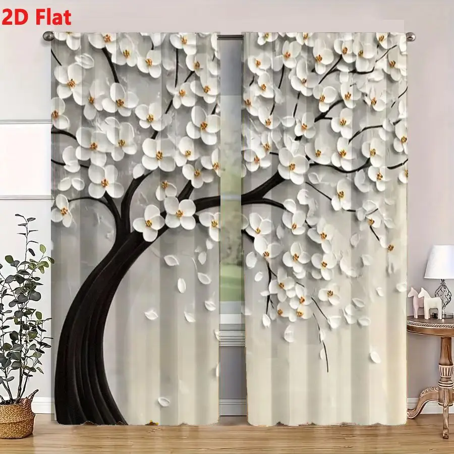 2Pcs Curtains 2D Flat Artistic Tree With Dark Brown Twisting Trunk White Flowers Delicate Petals Yellow Center Light Gray Backgr 4
