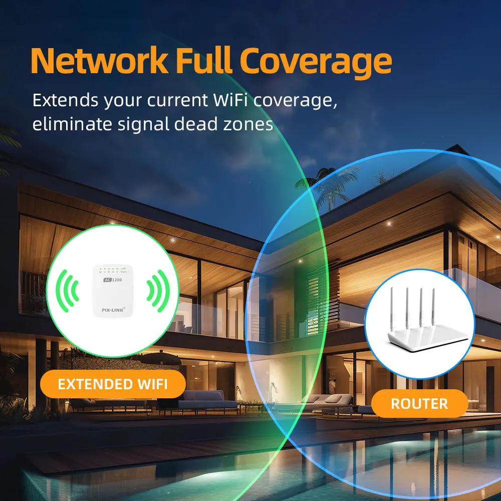 Household Wi-Fi Blind Spot Solution PIX-LINK 1200Mbps Dual Frequency Network Expander, Strong Wall Penetration Ability Realize