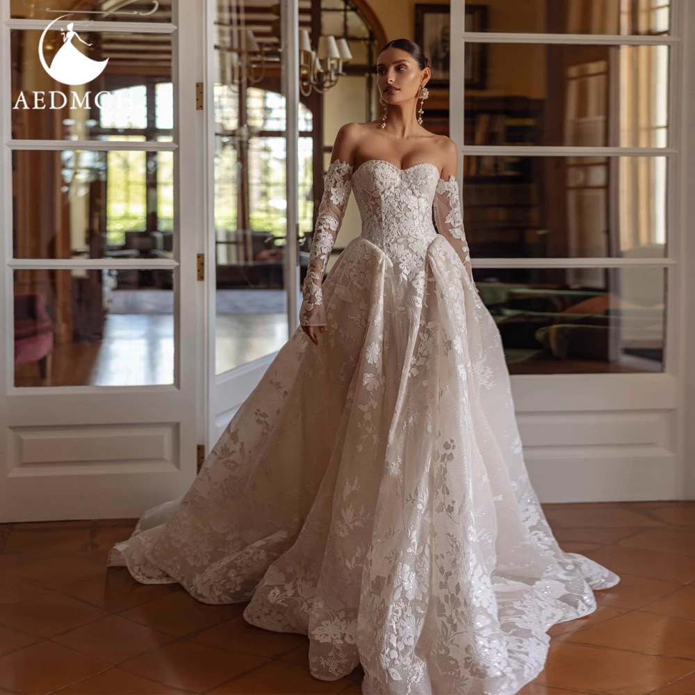 Aedmgh A-Line Elegant Wedding Dresses Strapless Long Sleeve Vestido De Novia Lace Embroidery Princess Custom Made Bridal Gown