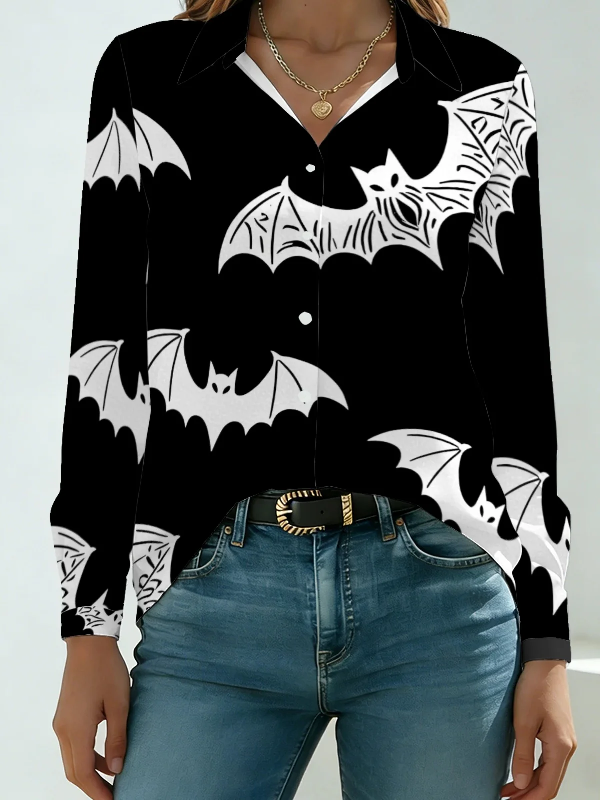 Gothic Night Club Line Bat Women Long Sleeve Shirt Solid Black Base Contrast White Outline Flying Bat Lapel Button Down Hallowee