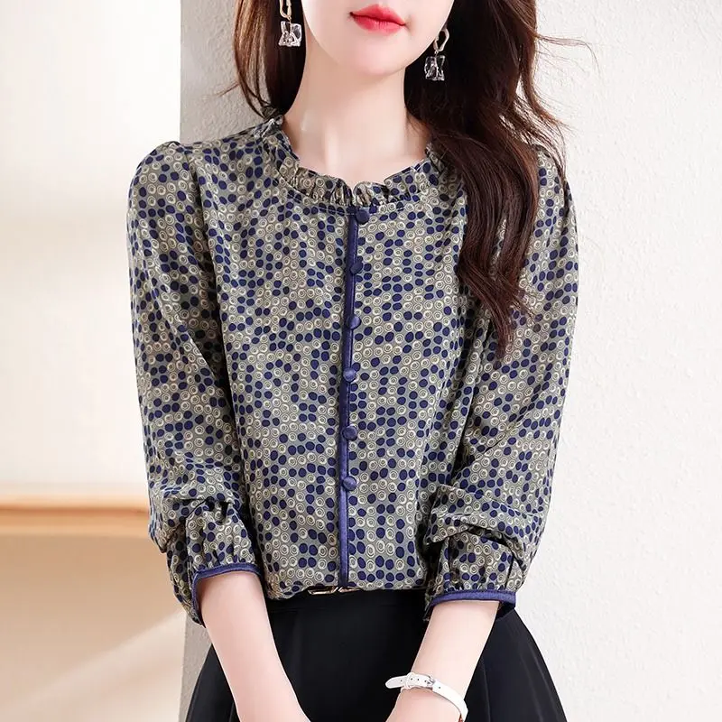 Women\'s Fashion Ruffled Printed Elegant Chic Blouse Vintage Casual Nine Quarter Sleeves Shirt Spring Autumn Stand Collar Blusas