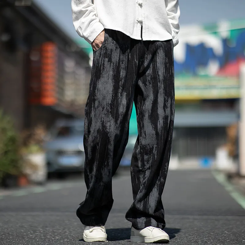 Men's Chinese Style Oversized Wide Leg Pants Tie‑dye Print Loose Fit Straight Leg Trousers Daily Wear Spring Casual Fashion