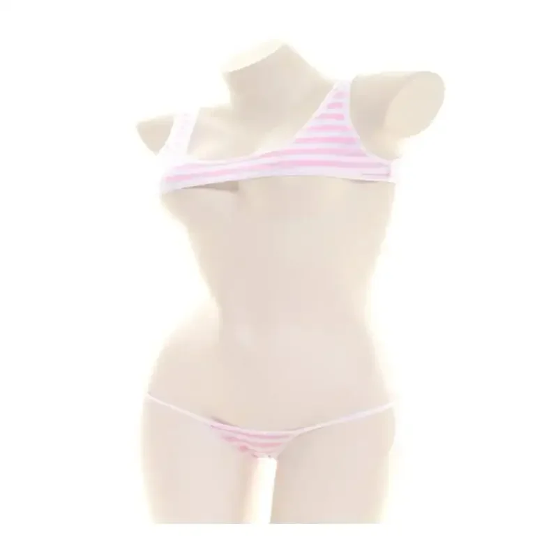 Blue White Stripe Bikini Set Women Swimsuit Striped Halter Micro Bikini Set Lolita Kawaii Swimsuit Backless String Tied Bathing view 6