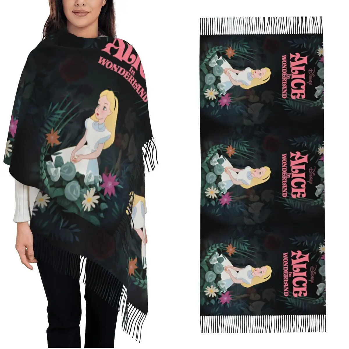 Alice In Wonderland Cartoon Scarf for Womens Fall Winter Pashmina Shawls and Wrap Brave Girl Long Shawl Scarf Ladies