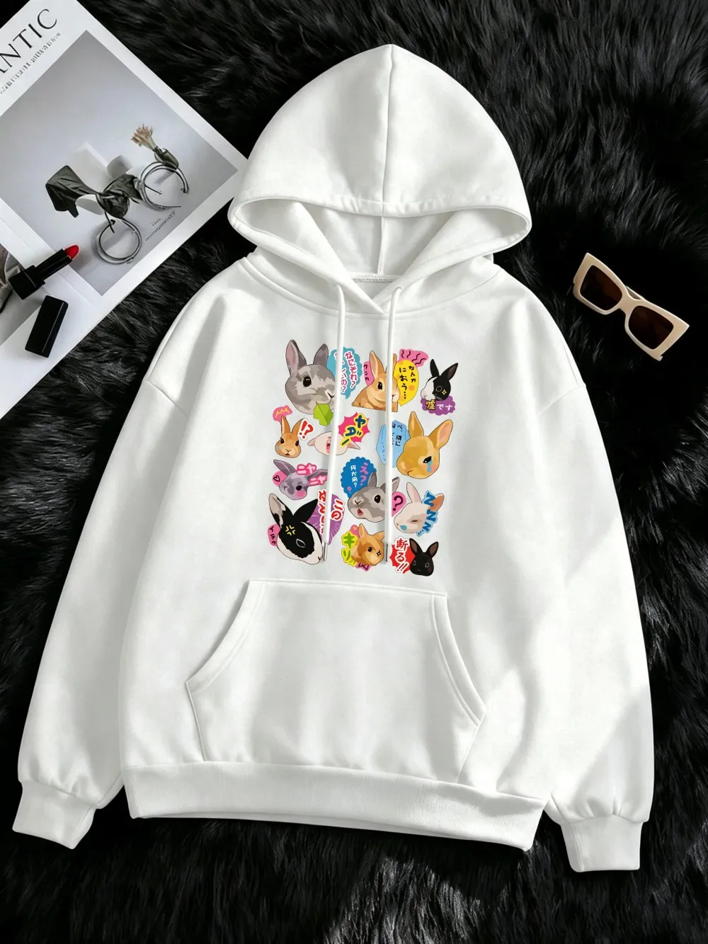 Japanese Rabbit Expression Prints Hoodies Women Winter Loose Sweatshirts Casual Pocket Jogging Pullovers Basics Fleece Warm Tops