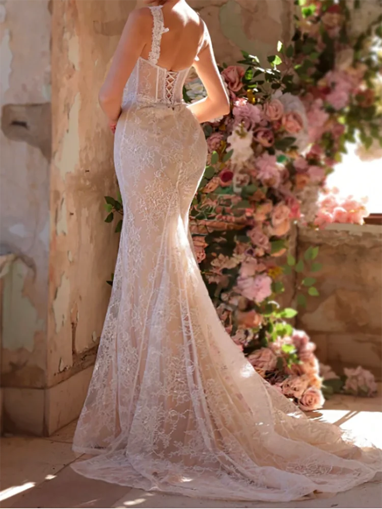 Abiti da sposa eleganti con scollo a cuore in pizzo senza maniche con applicazioni di pizzo e sirena, abiti da sposa personalizzati