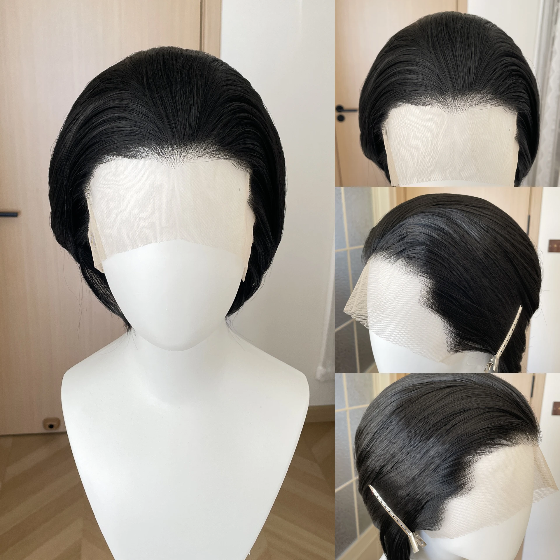 Widow‘s Peak Pelucas sintéticas de color negro azabache para hombres, pelucas con frente de encaje 13x4, pelucas cortas de corte bob para cosplay, pelucas para mujeres, pelucas pixie sin pegamento para Halloween