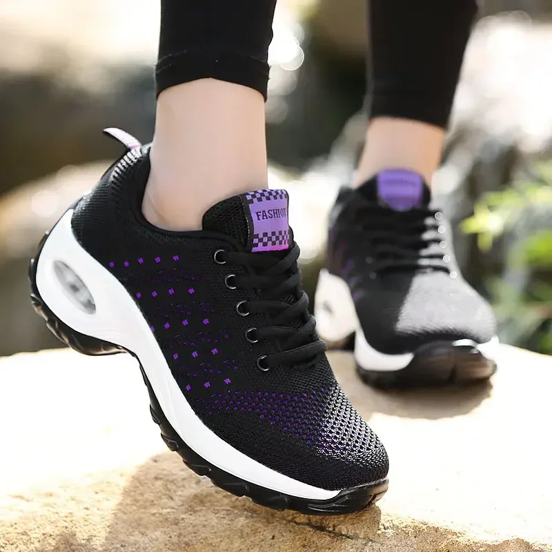 Walking Shoes  New Women Breathable Casual Shoes Outdoor Light Weight Frenulum Casual Walking Platform Ladies Sneakers Black