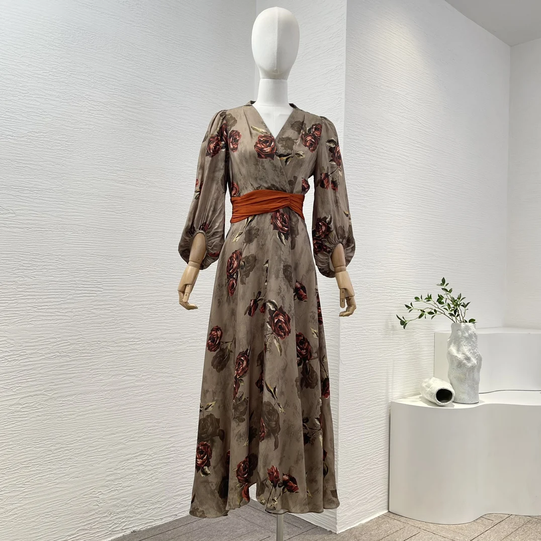 

2024 New Ink Color Tangerine Rose Floral Print Long Lantern Sleeve Shirred Women High Quality Beige Midi Dress