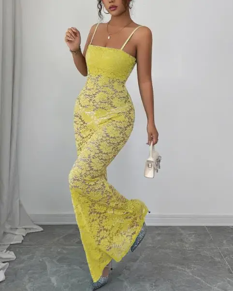 

Sexy Midi Dress Woman 2025 Summer Solid Color Elegant Temperament Lace Hollow Out Perspective Sleeveless Slim Fit Y2K Long Dress