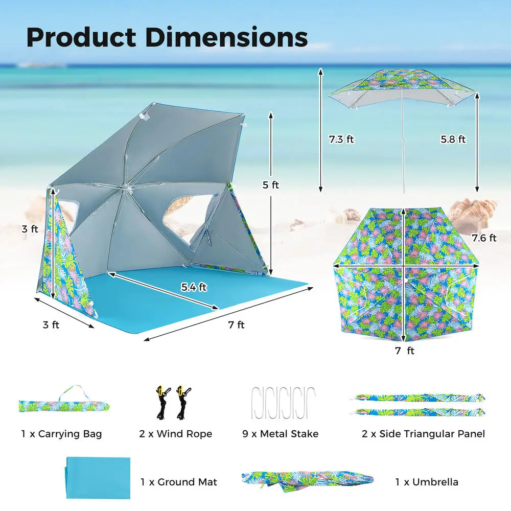 2 in 1 Beach Umbrella Tent, 98% UV Blocking Silver Coated Polyester, Pop Up Sun Shade Shelter with Mesh Windows and Carry Bag for Camping, Blue