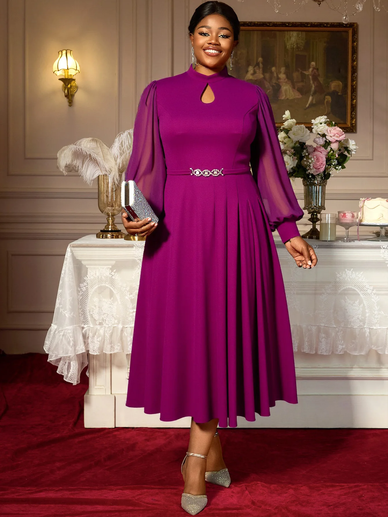 

Elegant Mid-Length Dress for Ladies Large Size High Collar Cut-Out Design Chiffon Lantern Sleeves Rhinestone Evening Gown