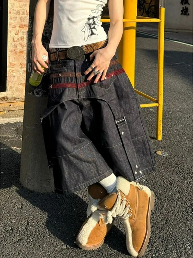 American Retro Heavy Design Style Star-Shaped Button-Up Denim Pants Girls Patchwork Spliced Wide-Leg Three-Quarter Length Shorts