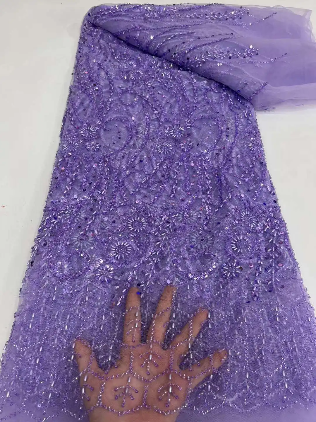 

Purple African Beads Lace Fabric 2024 High Quality Sequins Embroidery French Beaded Tulle Laces For Nigerian Wedding Dress