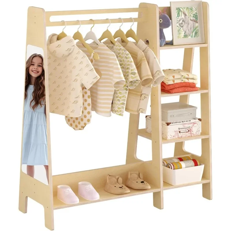 

Kids Dress Up Storage with Mirror, Kids Closet with 5 Hanger and Stickers, Opening Hanging Costume Closet Wardrobe for Kids