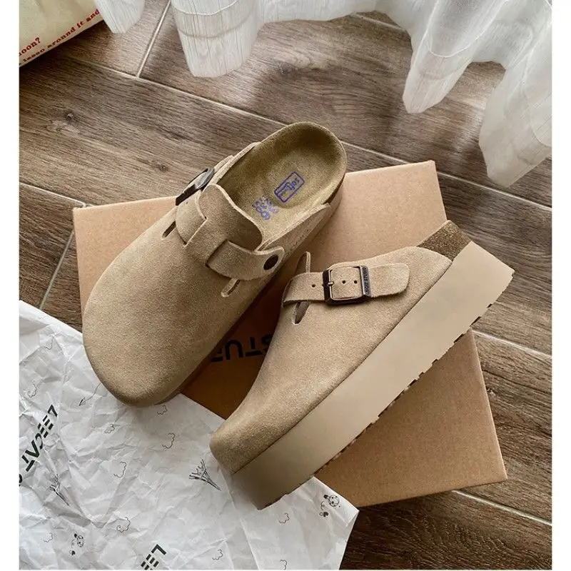 

Thick Soled Boken Shoes Half Slippers for Women 2024 Niche Design Autumn Toe Cover Suede Slip on Boken Slippers