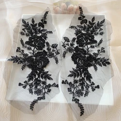 44.5x17.5CM High Quality Rayon Embroidery Black Lace Flower Patch Sewing on Ivory Wedding Lace Appilques 2023