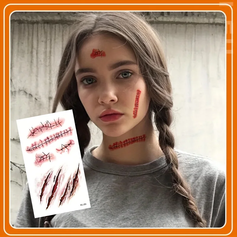 5/10 Stück 3D Fake Narben-Tattoo-Aufkleber Halloween Krusten Blutiges Make-up Körper Gesicht Realistische Wunde Gruseliger Aufkleber Scherzartikel Party-Deko – Detail 6