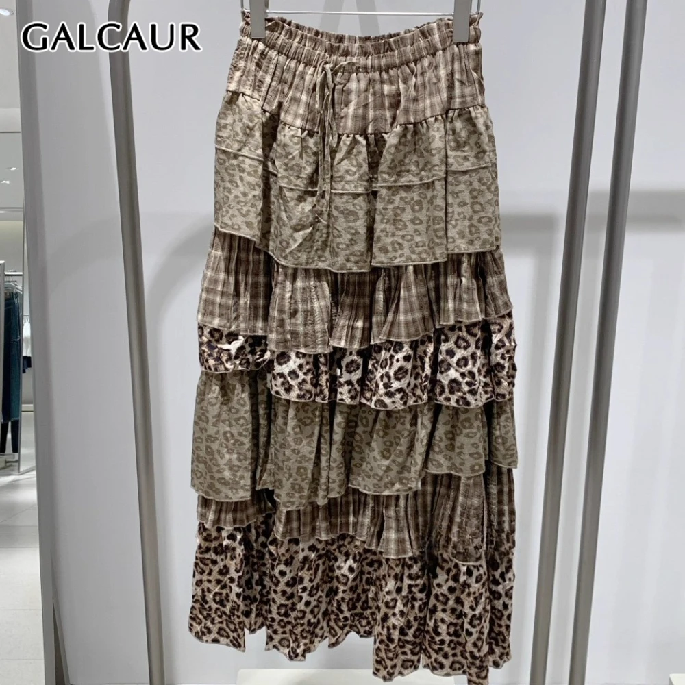 

TWOTWINSTYLE Leopard Spliced Ruffles Skirt Female High Waist Loose Streetwear Vintage Women's Long Skirts Autumn Style Fashion