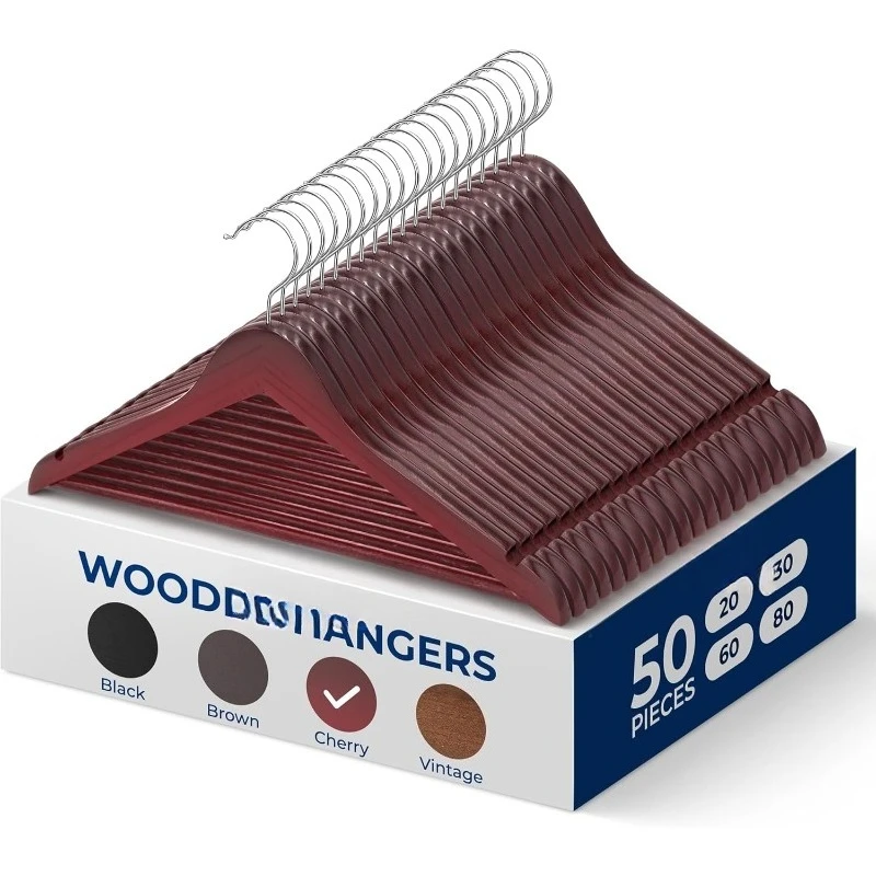 

50-Pack Wooden Coat Hangers – Durable Suit Hangers with 360° Swivel Hook & Notches – Slim Design for Shirts, Jackets,