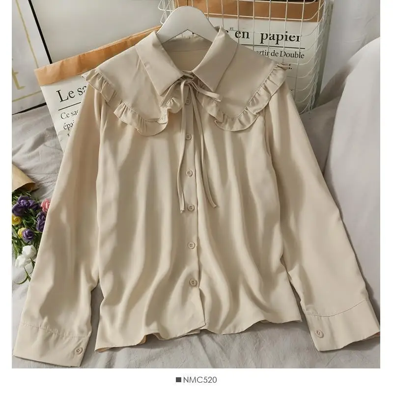 2023 New Spring Fashionable Wooden Ear Lace Up Lapel Versatile Top Temperament Commuting Casual Women's Long Sleeved Shirt