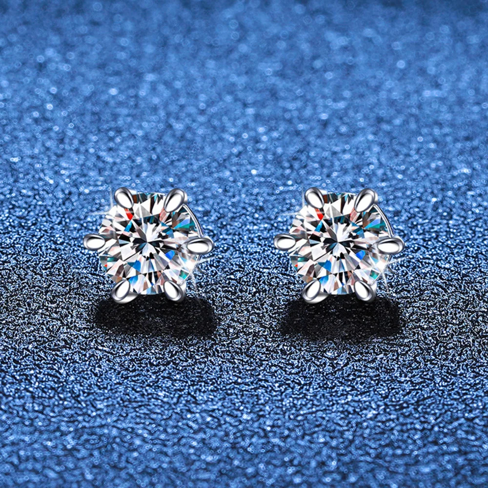 JOIAS HOME S925 Sterling Silver Hole Magnetic Classic 6-claw Ear-studs 1CT Moissanite Earrings for Women Cool Man\'s Ear Jewelry