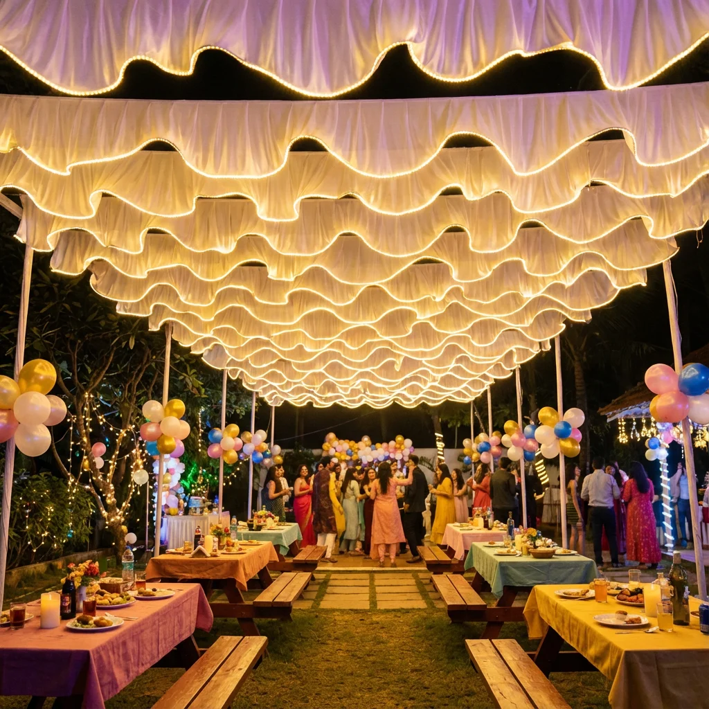 

Wedding White Wave Gauze Curtain with LED Light String for Ceiling Centerpieces Decor Party Decoration