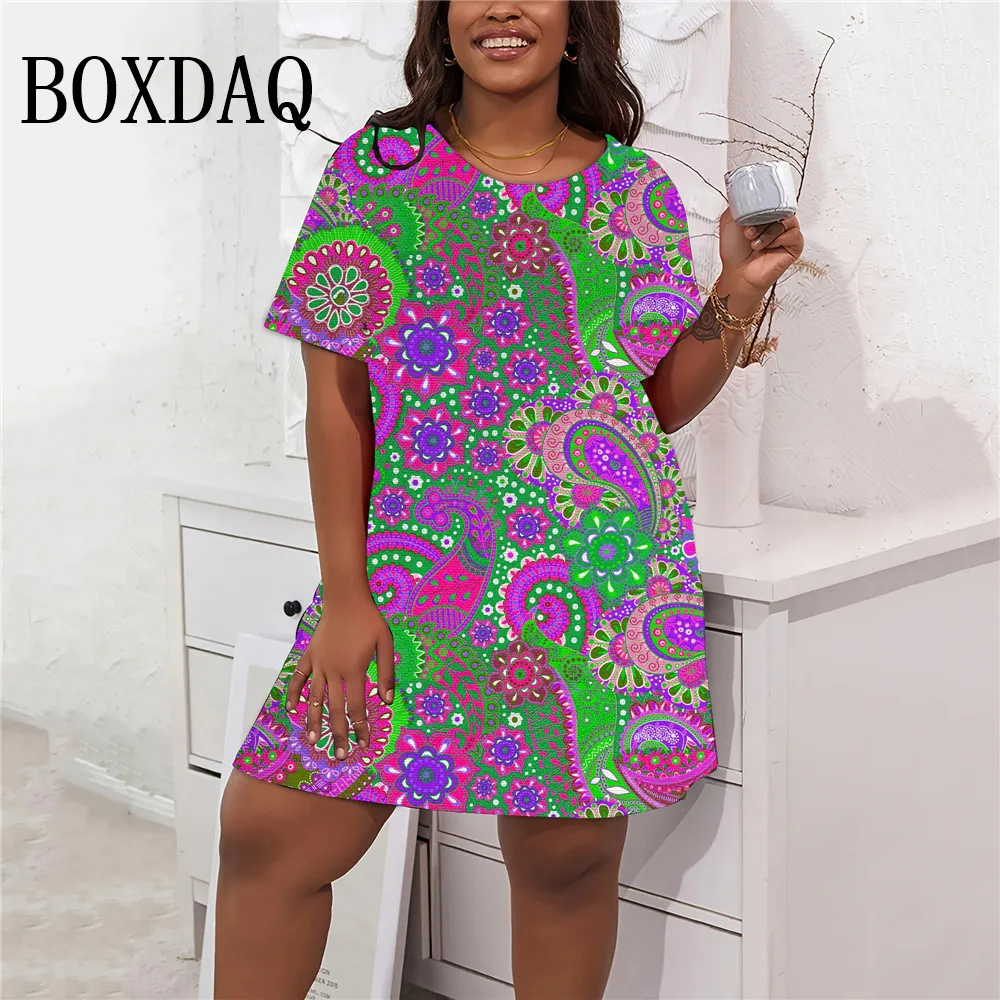 Vintage Floral Print Party Dress Women Casual O-Neck Mini Dresses Women Summer Loose Dress Plus Size Short Sleeve Retro Clothing