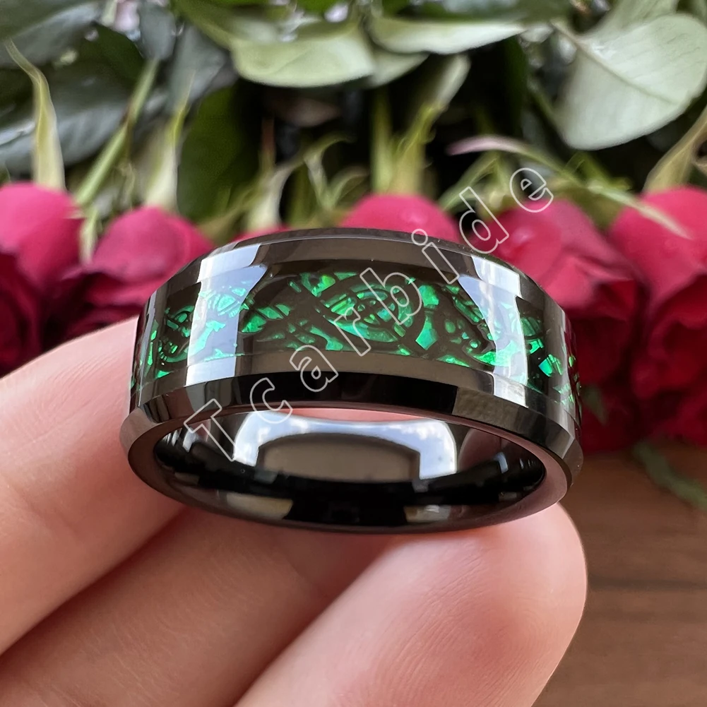 8MM Black Mens Womens Tungsten Carbide Engagement Wedding Ring With Red Opal Dragon Inlay Superior Gift Jewelry Comfort Fit