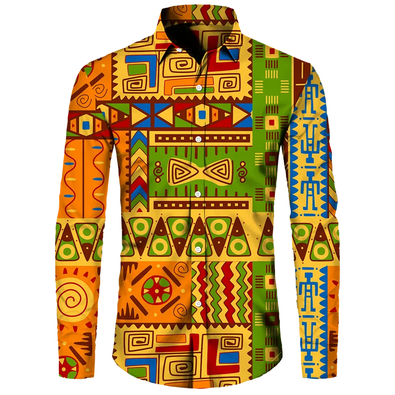 African Ethnic Pattern Hawaiian Shirts For Men Retro Drum 3D Printed Blouse Autumn Fashion Casual Loose Aloha Shirts Long Sleeve