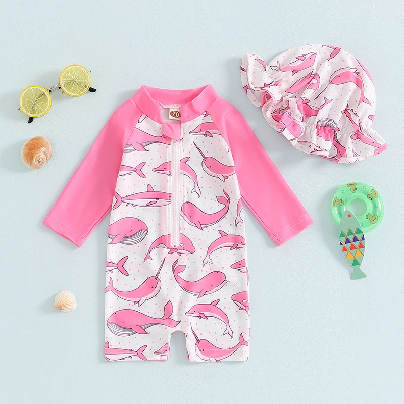 

Baby Girls Swimsuit Dolphin Shell Print Long Sleeve Zipper Rash Guard with Hat Cute Summer Swimwear