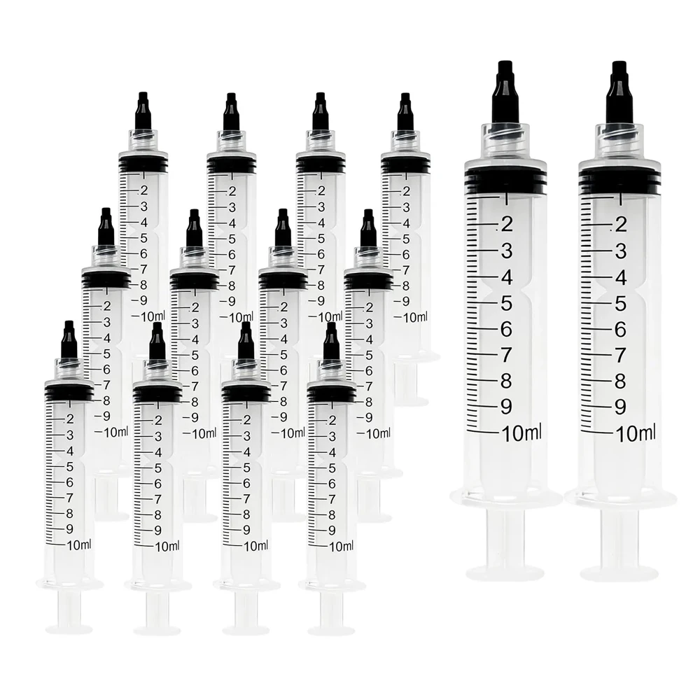 100 Stück 10 ml Luer-Lock-Spritze, steril, einzeln verpackt, mit schwarzer Kappe, Kunststoffinjektor für Flüssigkeitsmessung und -abgabe – Detail 1