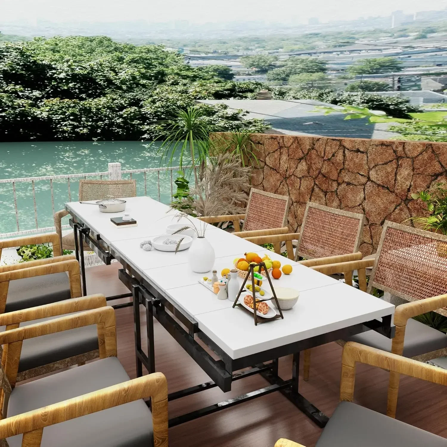 Xmsj.2-in-1 Shelf To Compact Furniture, Extendable Dining Table With Metal Frame, Convertible Kitchen  For 4-6