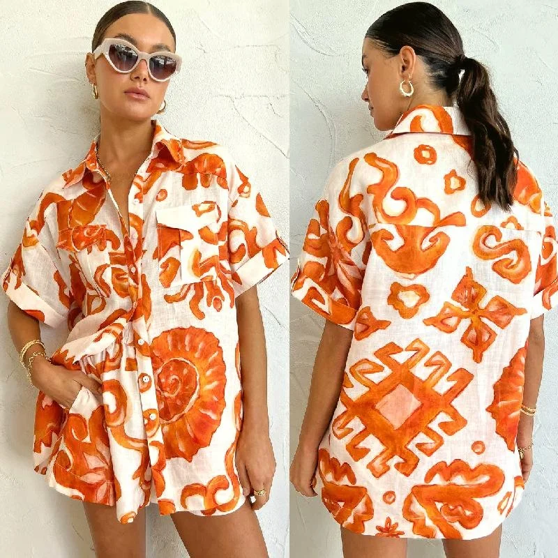 Conjunto de Csa Casual para Mujer con Estampado y Solapa, Estilo Hoado, Atuendo Cómodo y Moderno para el Verano, para Mu...