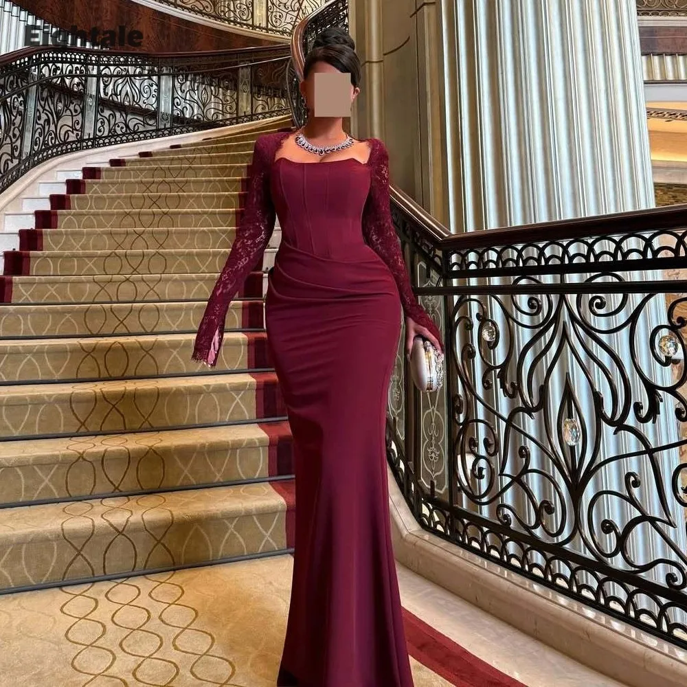 Eightale Arabic Evening Dresses Sweetheart Long Sleeve Customized Strethcy Burgundy Mermaid Party Prom Gowns robe de soirée