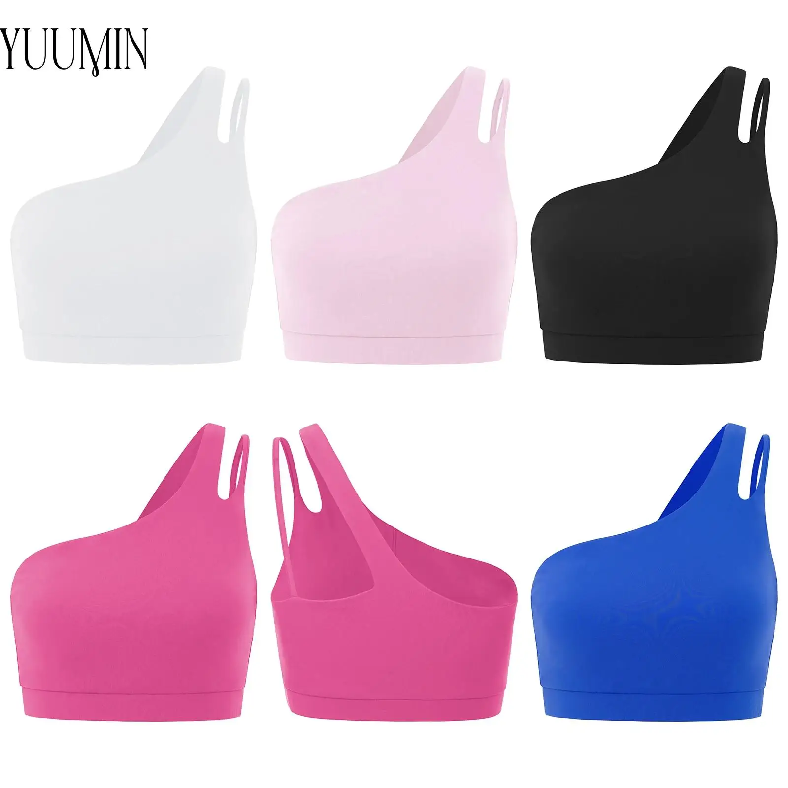 

Womens One Shoulder Asymmetrical Sport Bras Stretchy Fitness Top Removable Padded Cup Crop Top Workout Running Yoga Vest Clothes