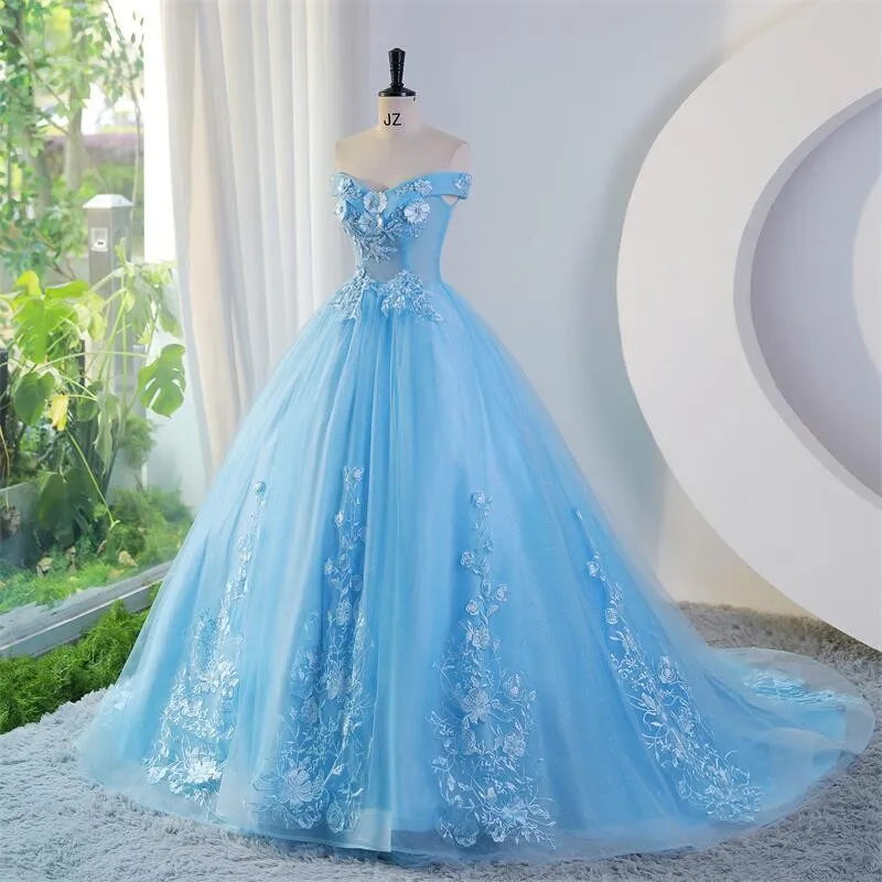 

Blue Party Dress Sweet Flower Quinceanera Dresses Luxury Lace Ball Gown Real Photo Prom Dress Customize 2023 Summer New