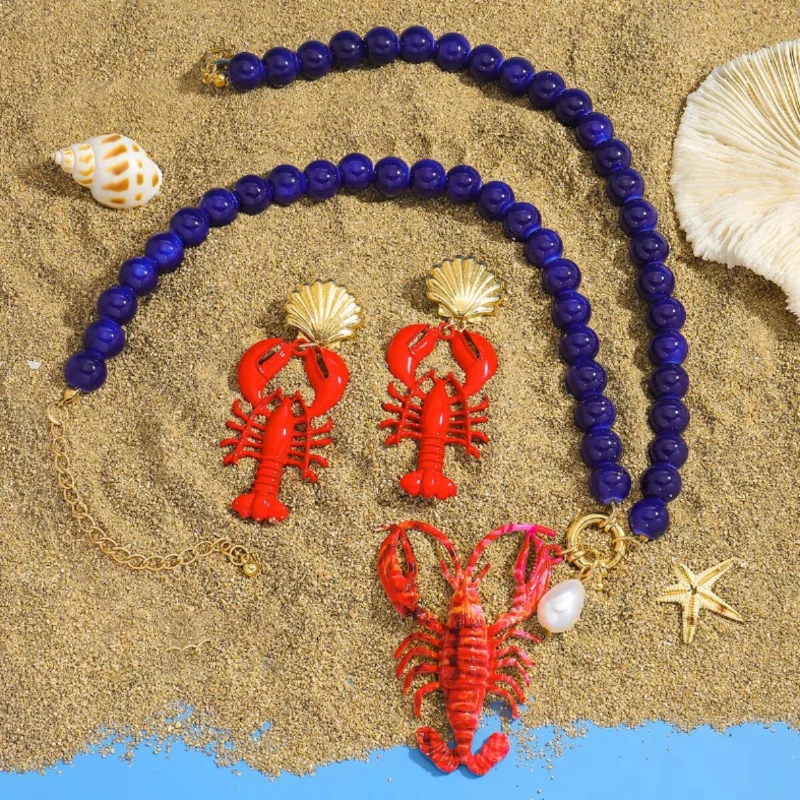 

2025 New Lobster Bead Necklace Handmade Crystal Beaded Enamel Jewelry Simple Pendant Necklace Women Beach Vacation Accessory