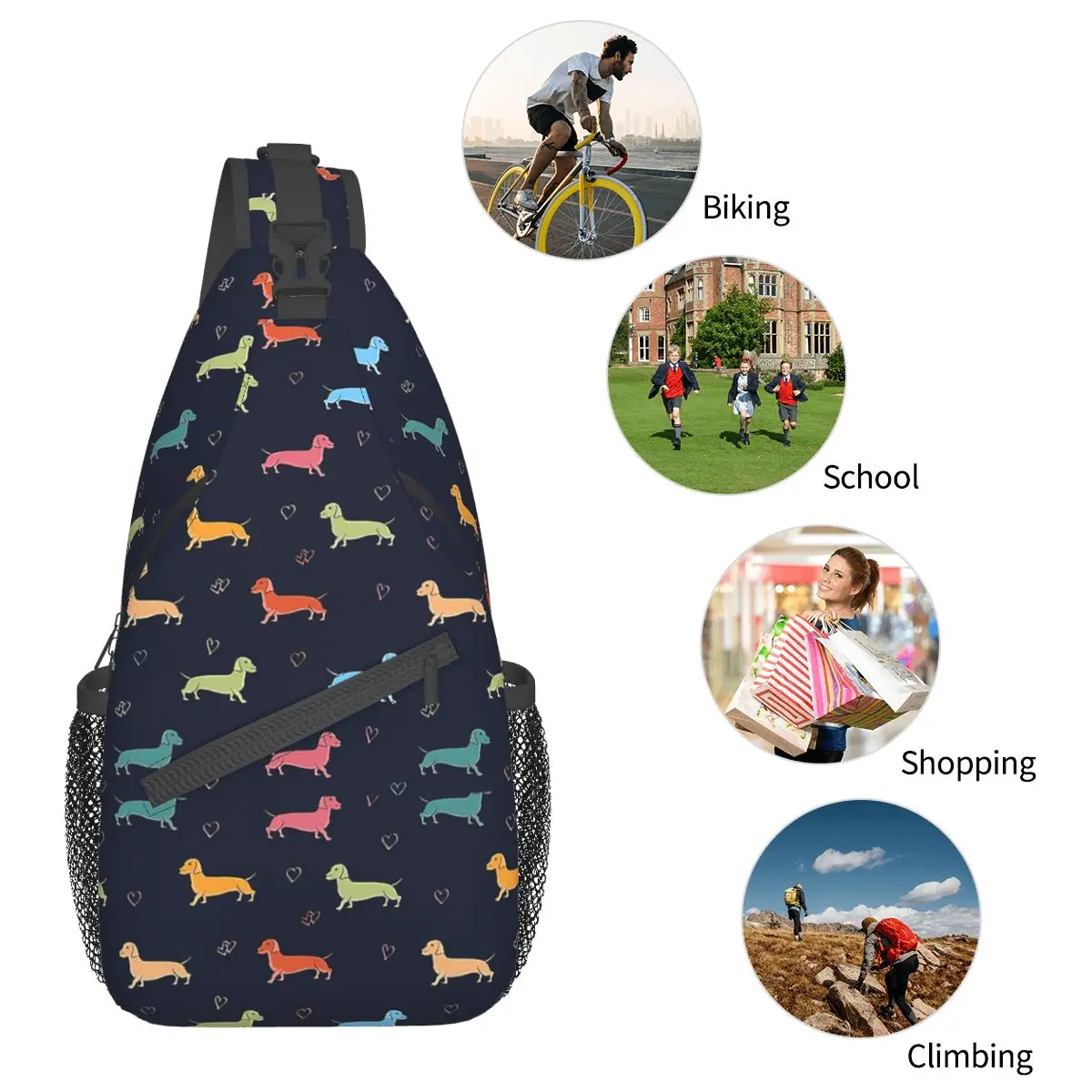 Crossbody Sling Bag para esportes ao ar livre, salsicha Dog Sling peito, mochila de ombro, Dachshund Wener Doxie Pattern Satchel