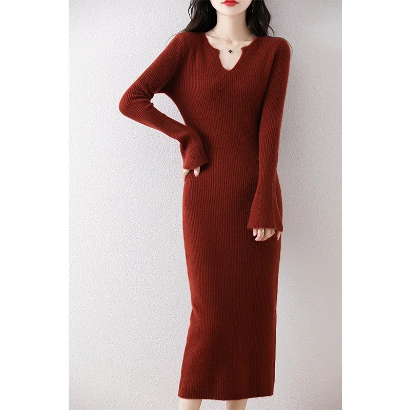 Dresses On Offer Clearance Free Shipping Women\'s Dresses 100% Wool Knitted Jumpers 2024 Winter V-neck Long Dress Pullovers