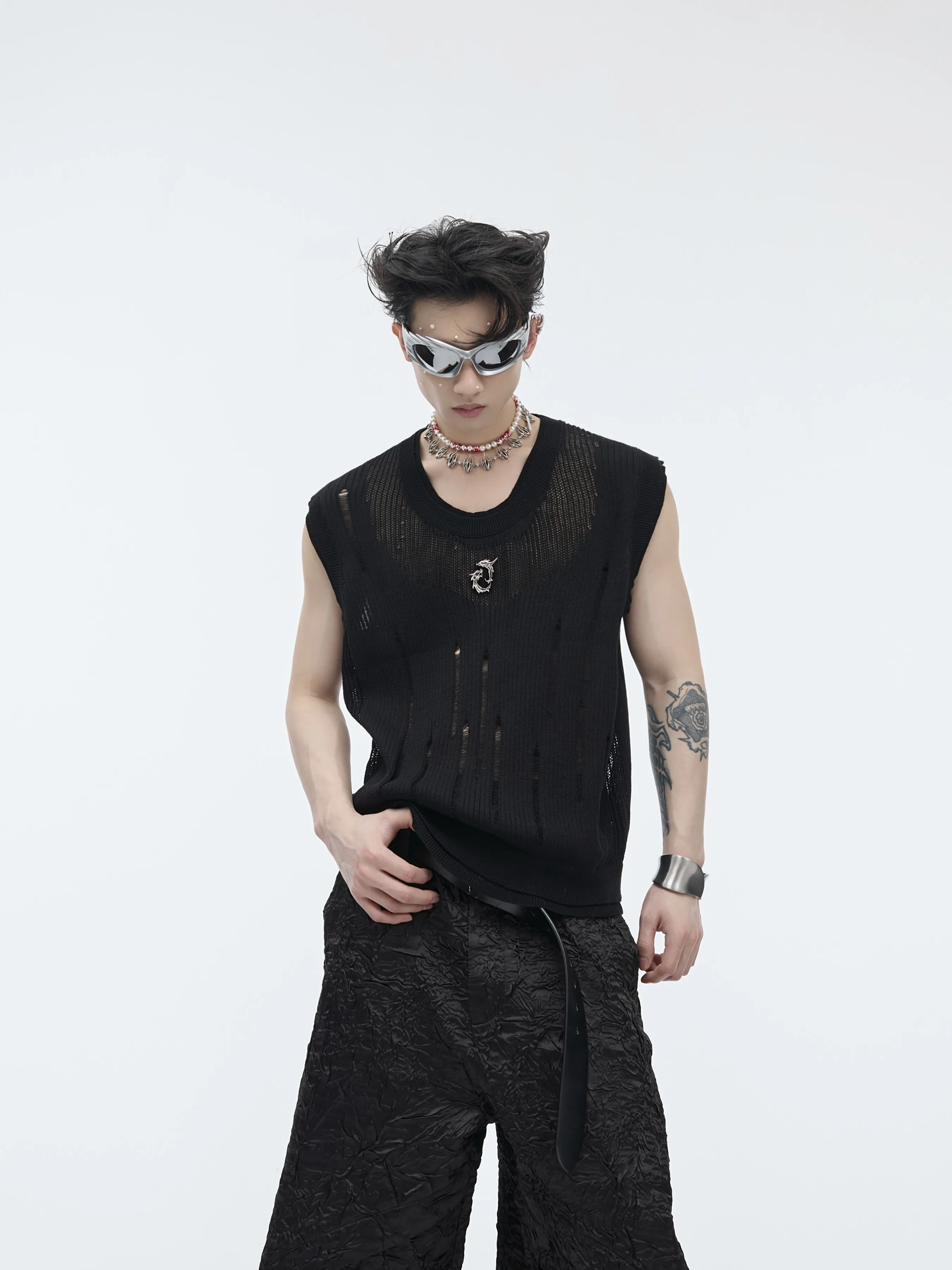 Metallic Hole Punch Knitted Vest Men's Sleeveless Summer Fashion Inner Wear Cotton Blend Breathable Sweat Absorbent Vest