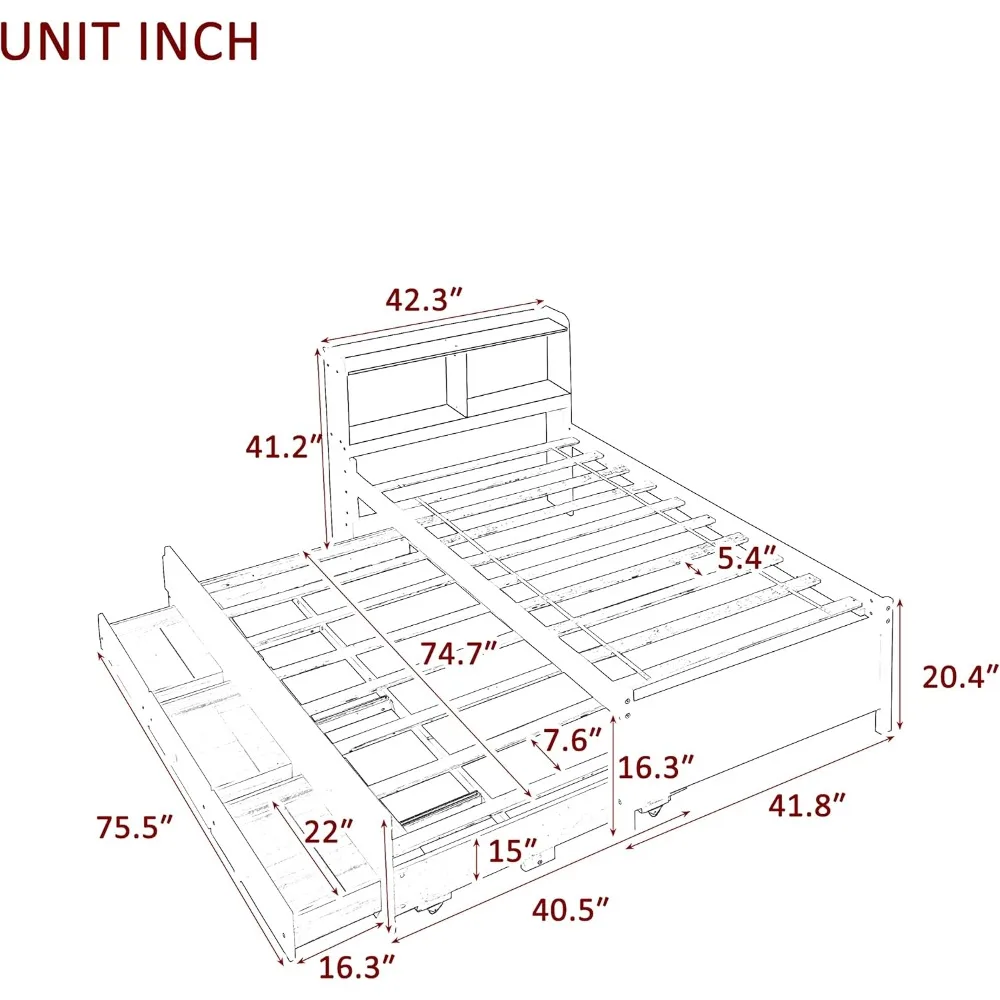 Twin Size Trundle Bed with Storage Drawers and Bookcase Headboard, Kids Twin Bed with Trundle,Captains Bed Twin with Trundle