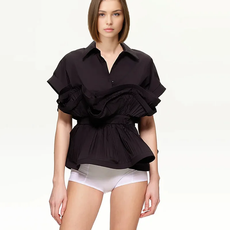 

2025 Summer New Fashion Turn-Down Collar Ruffle Trim Patchwork Design Slim Waist High-End Short Sleeve Shirt for Women