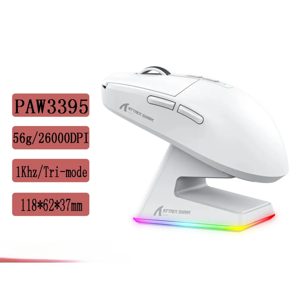 Attack Shark X6 Mouse Lightweight  Gaming Triple Mode Wireless Bluetooth PAW3395 Rechargeable RGB Charging Dock Esport