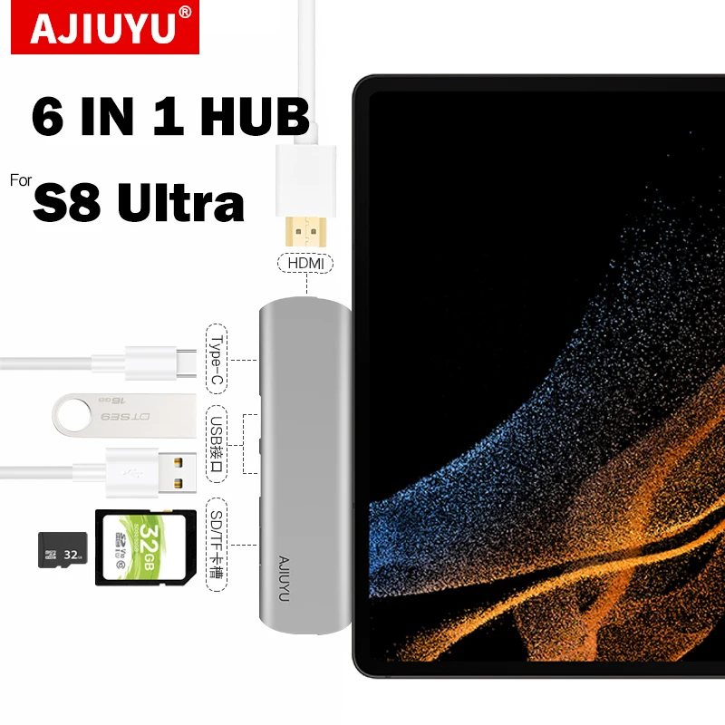 

USB Type C HUB to Multi USB 3.0 SD/TF Card Reader Adapter Dock For Samsung Galaxy Tab S8 Ultra S8+ S8 S7 Plus FE Splitter 6 Port