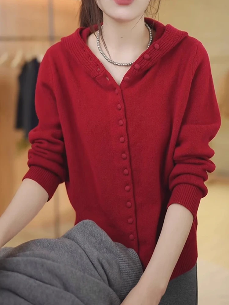 مقنعين سترة مشغولة من الصوف طويلة Sve عادية مريحة تصميم بسيط اللون جديد Sle المرأة سترة Jaet تخفيف Sle #4